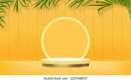 Fondo de verano,Pantalla 3D Cilindro Podio de Pedestal con luz de neón,Hoja de plástico sobre fondo de panel de madera amarilla,Fondo del horizonte vectorial con hojas verdes tropicales sobre textura de madera para primavera, verano