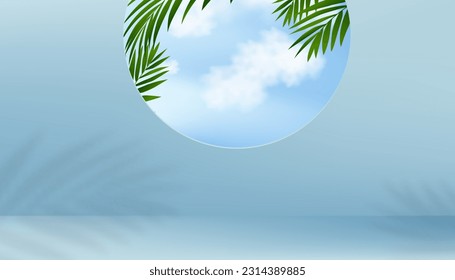 Summer background,Empty Blue Studio Background Display with Palm Leaves,Cloud,Blue Sky on Window for Cosmetic Product,Vector Mock Up Backdrop scene for Web Banner,Sale Shop online Presentation 