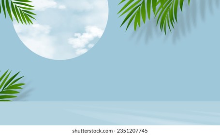 Summer background,Empty Blue Studio Background Display with Palm Leaves,Cloud,Blue Sky on Window for Cosmetic Product,Vector Mock Up Backdrop scene for Web Banner,Sale Shop online Presentation 