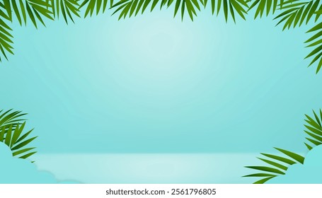 Summer Background,Flat Lay Scene Green Coconut Palm Leave on Blue Background,Paper Cut Tropical Beach with Copy Space.Top View Horizon Sea Beach Wave with Branches Leaf for Summer Vacation,Travel,Sale