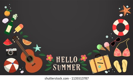 Summer background.Hello summer chalkboard background.Cute summer objects.