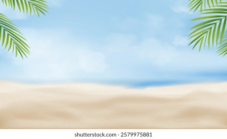 Summer Background,Palm leaf on blue sky, white clouds over blue sea ocean, tropical sand beach with sunlight.Vector Seaside, white sand in sunny day summer  holiday vacation, business travel banner 