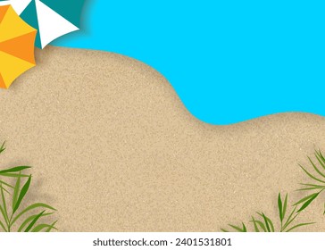 Summer Background,Palm leaves Frame Border on Blue wave on sand beach for Cosmetic Product Background,Vector Banner Tropical for Template for Summer Travel,Holiday Vacation Product Sale,Web Promotion