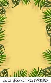 Summer Background,Palm Leaves with Shadow Border on Yellow Background,Tropical Coconut leaf frame with copy space,Vector top view vertical backdrop background for Summer, Sale, Promotion, web banner
