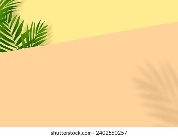 Summer Background,Palm leaves shadow on Peach Fuzz ,Yellow for Cosmetic Product Background,Template with Tropical plant with copy space for Summer Beach,Travel,Holiday Vacation,Sale,Web,Promotion