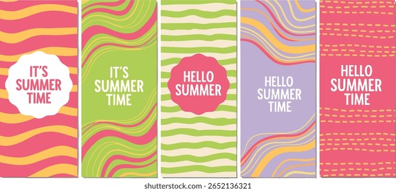 Summer backgrounds collection. Hello it's summer time hand lettering. Hand drawn waves, twisted wavy stripes, uneven strokes, deformed organic lines funky groovy hippie doodle rectangle patterns