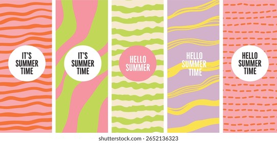 Summer backgrounds collection. Hello it's summer time hand lettering. Hand drawn waves, twisted wavy stripes, uneven strokes, deformed organic lines funky groovy hippie doodle rectangle patterns