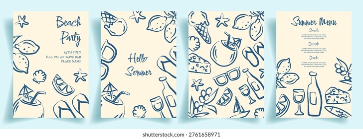 Summer Backgrounds with Doodle Whimsical Line Art Elements Sketch. Cards or Banners with Mediterranean Summer Hand Drawn Icons Italian Food Wine Bottles Lemons Beach Elements in Doodle style poster design. Summer Template Design with Hand Drawn Sea Food Elements for Menu Bar Restaurants Invitations Greeting Cards Social Media Party