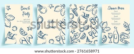 Summer Backgrounds with Doodle Whimsical Line Art Elements Sketch. Cards or Banners with Mediterranean Summer Hand Drawn Icons Italian Food Wine Bottles Lemons Beach Elements in Doodle style poster design. Summer Template Design with Hand Drawn Sea Food Elements for Menu Bar Restaurants Invitations Greeting Cards Social Media Party