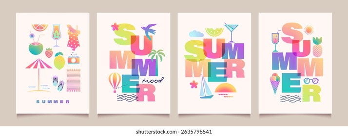 Summer backgrounds with gradient icons or badges of vacation mood in flat design. Modern geometric vector illustrations. Trendy  posters, cards, banners, print on shirts.
