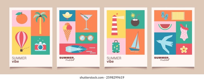 Summer backgrounds with icons or badges of vacation mood in flat design. Modern geometric vector illustrations. Trendy  posters, cards, banners, print on shirts.
