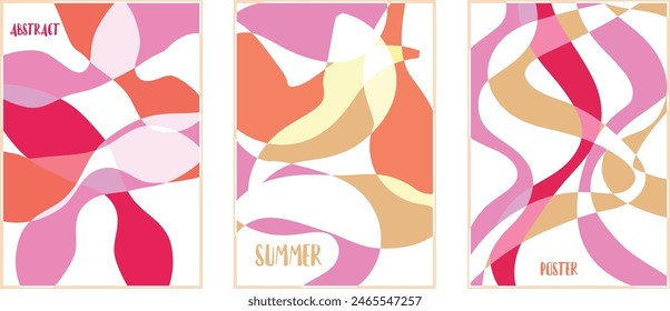 Summer backgrounds with liquid abstract shapes. Fluid juicy illustration, cover template, geometric art in pastel colors and minimal style. Vintage vector packaging layout. Flowing forms.
