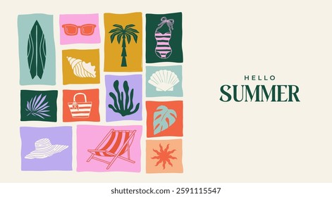 Summer backgrounds, pattern, cards, banner templates. Hand drawn modern illustrations, doodles with sea shells, surf boards, beach chair, swimsuit and flip flops elements. Vector concept design