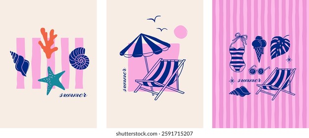 Summer backgrounds, pattern, cards, banner templates. Hand drawn modern illustrations, doodles with sea shells, surf boards, beach chair, swimsuit and flip flops elements. Vector concept design