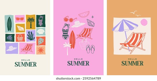 Summer backgrounds, pattern, cards, banner templates. Hand drawn modern illustrations, doodles with sea shells, surf boards, beach chair, swimsuit and flip flops elements. Vector concept design