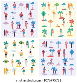 Summer backgrounds with people on the beach in the flat style