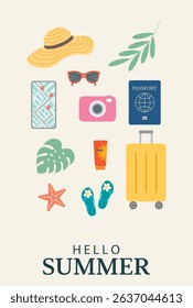 Summer backgrounds and postcards. Summer travel, vacation concept. Minimalistic vector illustrations for posters, postcards, covers.