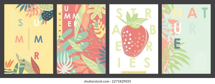 Summer backgrounds and sale banners vector set. Floral patterns with various plants,  flowers and strawberry fruit.