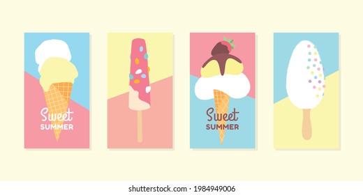 Fondo de verano. Un conjunto de paisajes luminosos decorados con helados. Plantillas editables para redes sociales e historias. Vector 10 EPS.