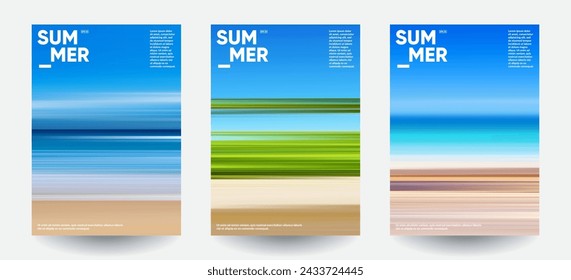 Sommerhintergründe gesetzt. Kreative Gradienten in Sommerfarben. Ocean Horizon, Strand und Sonnenuntergänge.