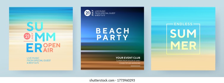 Summer backgrounds set. Creative posters or banners design with gradients in summer colors. Ocean horizon, golden sunny sea beach, summer sunset and night. Trendy design for sale, social media, web
