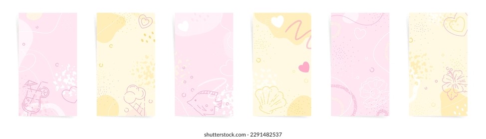 Summer backgrounds set. Cute tropical story or poster cover design in pink and yellow beach party colors. Seaside, vacation, aesthetic ocean elements.