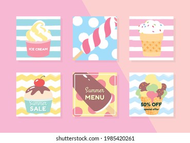 Summer backgrounds. Set of summer illustrations decorated with ice-cream. Editable templates for social networks and stories. Vector 10 EPS.