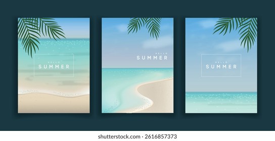 Summer backgrounds set with sea scene. Vector illustration.