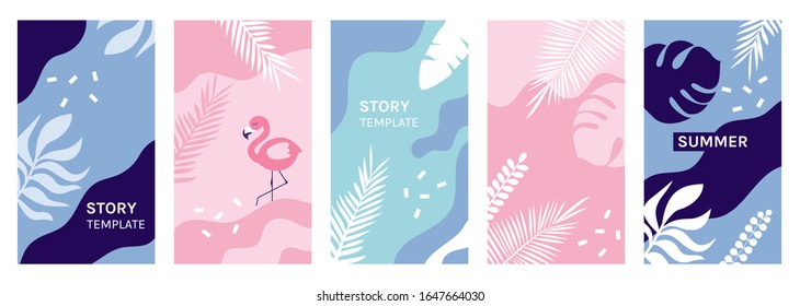 Summer backgrounds. Social media Instagram stories design template. Tropical leaves.