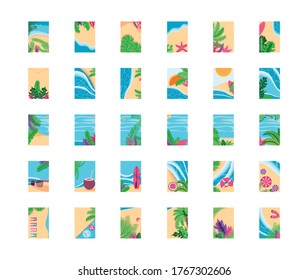 Summer backgrounds top view detailed style frames set design, vacation and tropical theme Vector illustration