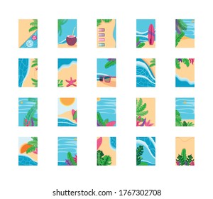Fondo de verano vista superior cuadros de estilo detallados diseño, vacaciones y tema tropical Ilustración vectorial
