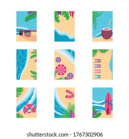 Fondo de verano vista superior cuadros de estilo detallados diseño, vacaciones y tema tropical Ilustración vectorial