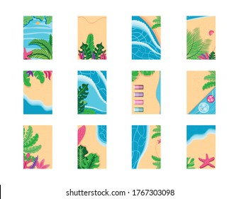 Summer backgrounds top view detailed style frames set design, vacation and tropical theme Vector illustration