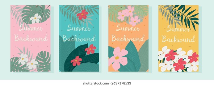 Summer backgrounds with tropical leaves and flowers. Illustration in flat primitive style. Websites,greeting cards or poster