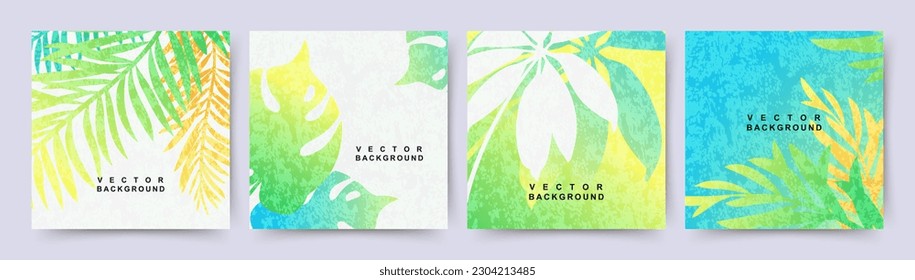 Summer backgrounds with tropical leaves. Texture and gradient of green, blue and yellow colors. Beach and jungle theme. Editable vector template