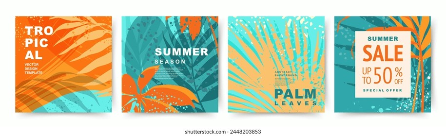 Sommerhintergründe mit tropischen Palmblättern. Textur von blauen, orangen und gelben Farben. Thema Urlaub und Strand. Sommerschlussverkauf. Bearbeitbare Vorlage der Vektorgrafik. Exotische Natur Poster, Banner, Cover, Karte