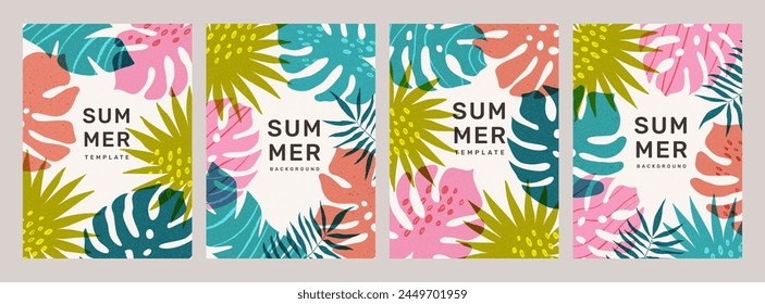 Fondos de verano con hojas de palma tropical. Conjunto de cubiertas abstractas modernas, diseño minimalista de moda. Tema de la selva y la playa. Ilustración vectorial.