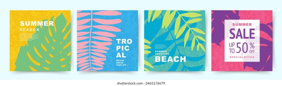 Summer backgrounds with tropical palm leaves. Design templates in minimalist modern art style. Jungle and beach theme. Editable vector illustration