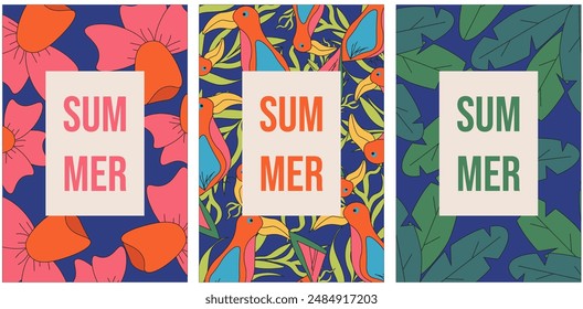 Summer backgrounds with tropical palm leaves and exotic bird. Modern Abstract covers set in trendy minimal flat style. Surf club hawaii theme. Groovy Vector for postcard. Summer aesthetic. EPS 10 