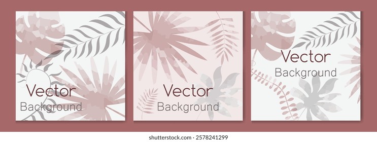 Summer backgrounds with tropical palm leaves. Texture in pink and grey. Jungle and beach theme. Editable vector template
