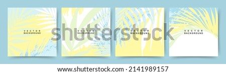 Summer backgrounds with tropical palm leaves. Texture in blue and yellow. Jungle and beach theme. Editable vector template 