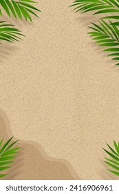 Summer background,Sand Texture with Palm Leaves Shadow on Brown Sandy Beach,Vector top view Sand Surface,Backdrop background Vertical  Desert dune for Summer Product Presentation