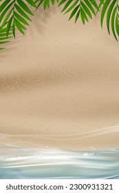 Summer background,Sea beach with Blue ocean wave, Coconut Palm leaves.Vertical Sandy Beach Texture with Tropical leaf shadow, Summer Vacation on Seaside.Vector Top view Coastal Seashore Landscape