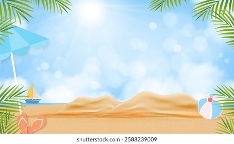 Summer background,Sea ocean, sand beach with blurry bokeh light on blue sky, could with sunlight in morning for Summer vibes banner,Sale Promotion