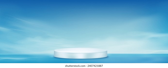 Summer Background,Sky Blue and Cloud with 3d Podium Stand,Morning Spring Clear Sky by the beach,Vector Studio Room Backdrop Mockup for Product Present,Nature Scene Banner for Summer Holiday Vacation