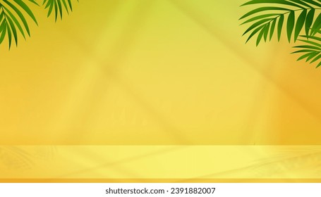 Summer background,Studio Display Podium with Green Coconut Palm Leaves with Shadow,Light on Yellow Wall,Vector Backdrop Mock up Banner Template for Product Present,Sale,Promotion  