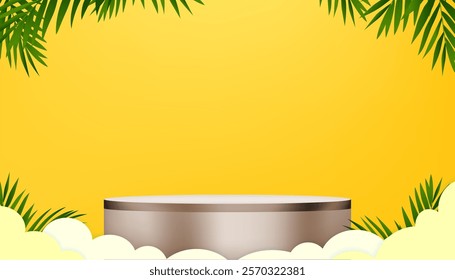 Summer Background,Studio Room with 3d Brown Podium,Green Coconut Palm Leave on yellow Wall,Paper Cut Sea Beach Waves with Copy Space.Horizon Backdrop Branches Leaf for Summer Vacation,Travel,Sale