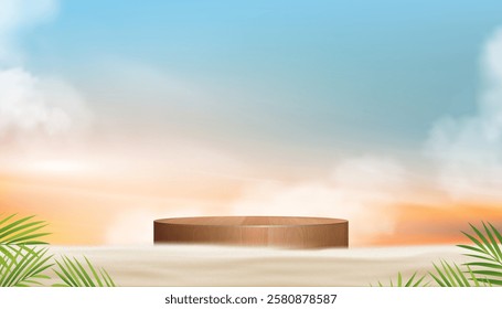 Summer Background,Sunset sky,cloud,3d wood podium Palm leaf on tropical sand beach for cosmetic product present.Vector Seaside, white sand in sunny day for holiday vacation banner