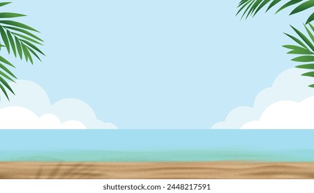 Fondo de verano, fondo de playa de arena tropical con olas de mar, arena, sombras de palmeras, horizonte de Vector Anuncio de vacaciones. Fondo para viajes y vacaciones de playa, espacio de copia para texto.