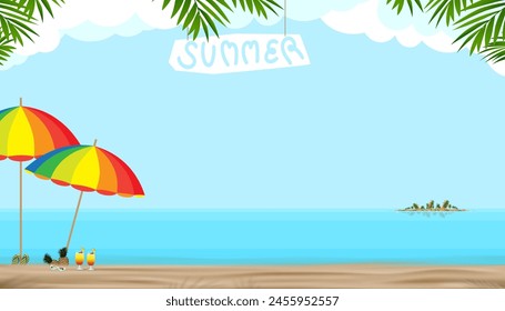 Summer background,Tropical sand beach background with sea waves,Hat,Sunglasses,flip flops,Pineapple,Beach Umbrella,Holiday banner.Background for Travel vacation,copy space for text